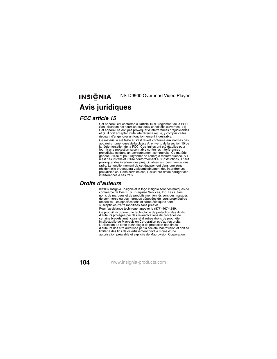 Avis juridiques | Insignia NS-D9500 User Manual | Page 106 / 168