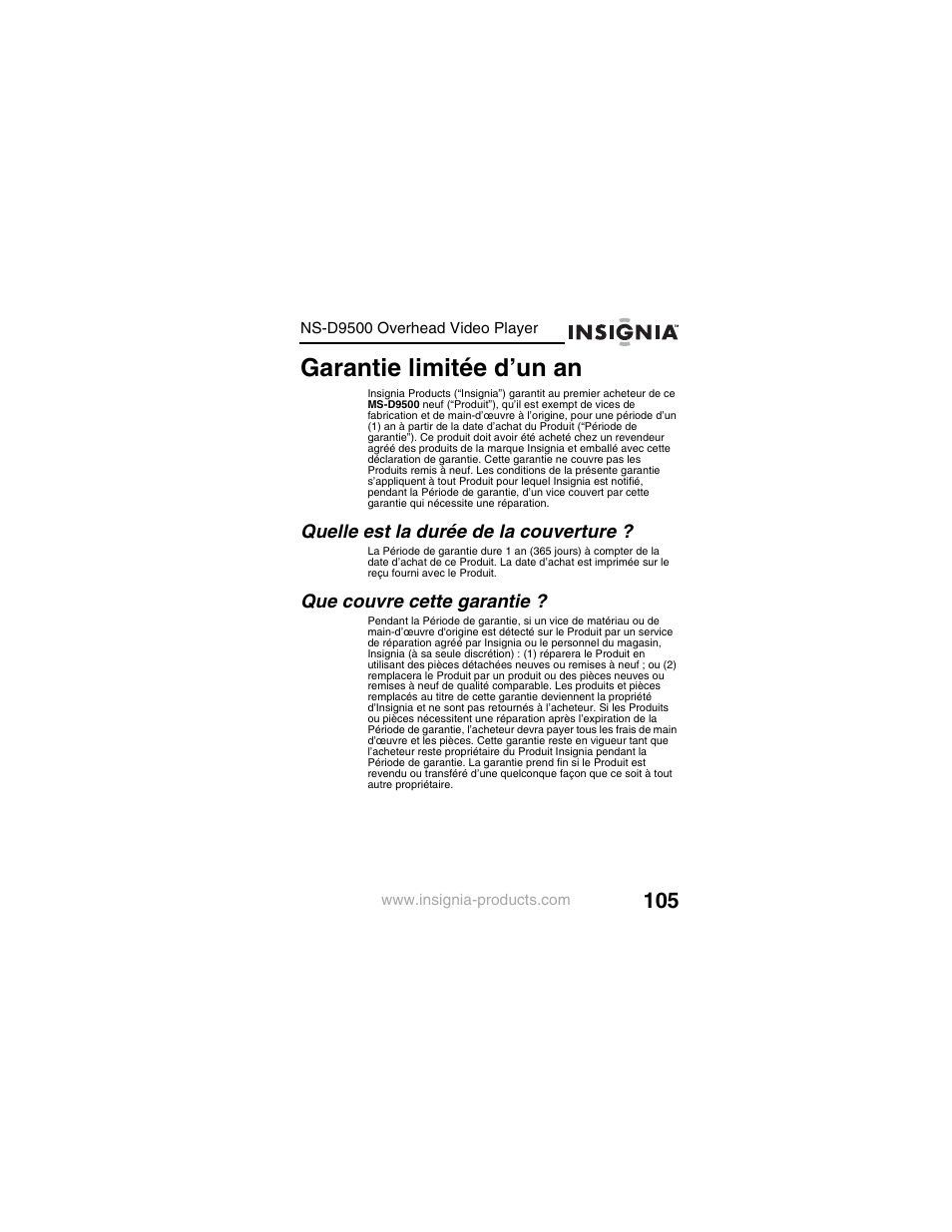 Garantie limitée d’un an | Insignia NS-D9500 User Manual | Page 107 / 168