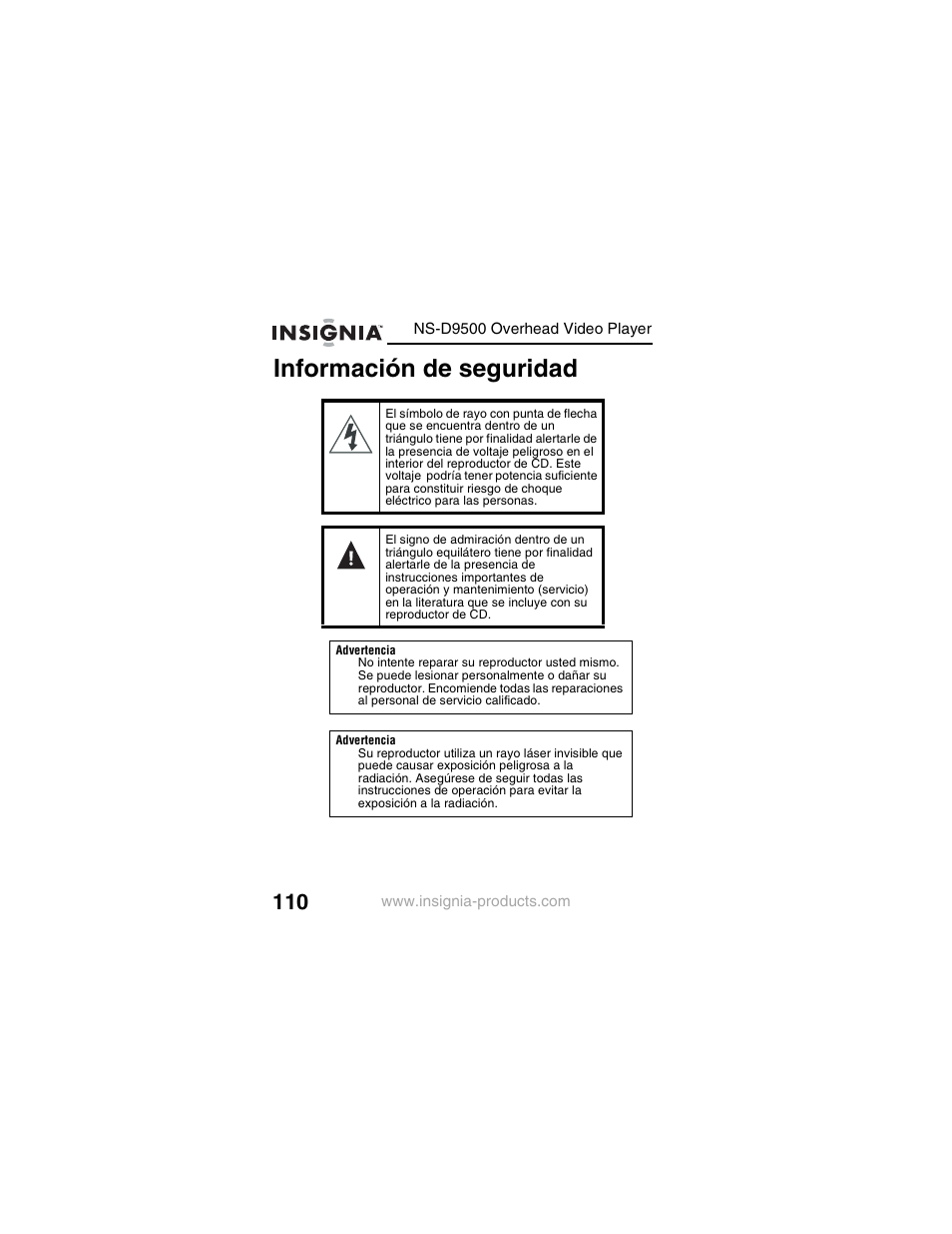 Información de seguridad | Insignia NS-D9500 User Manual | Page 112 / 168