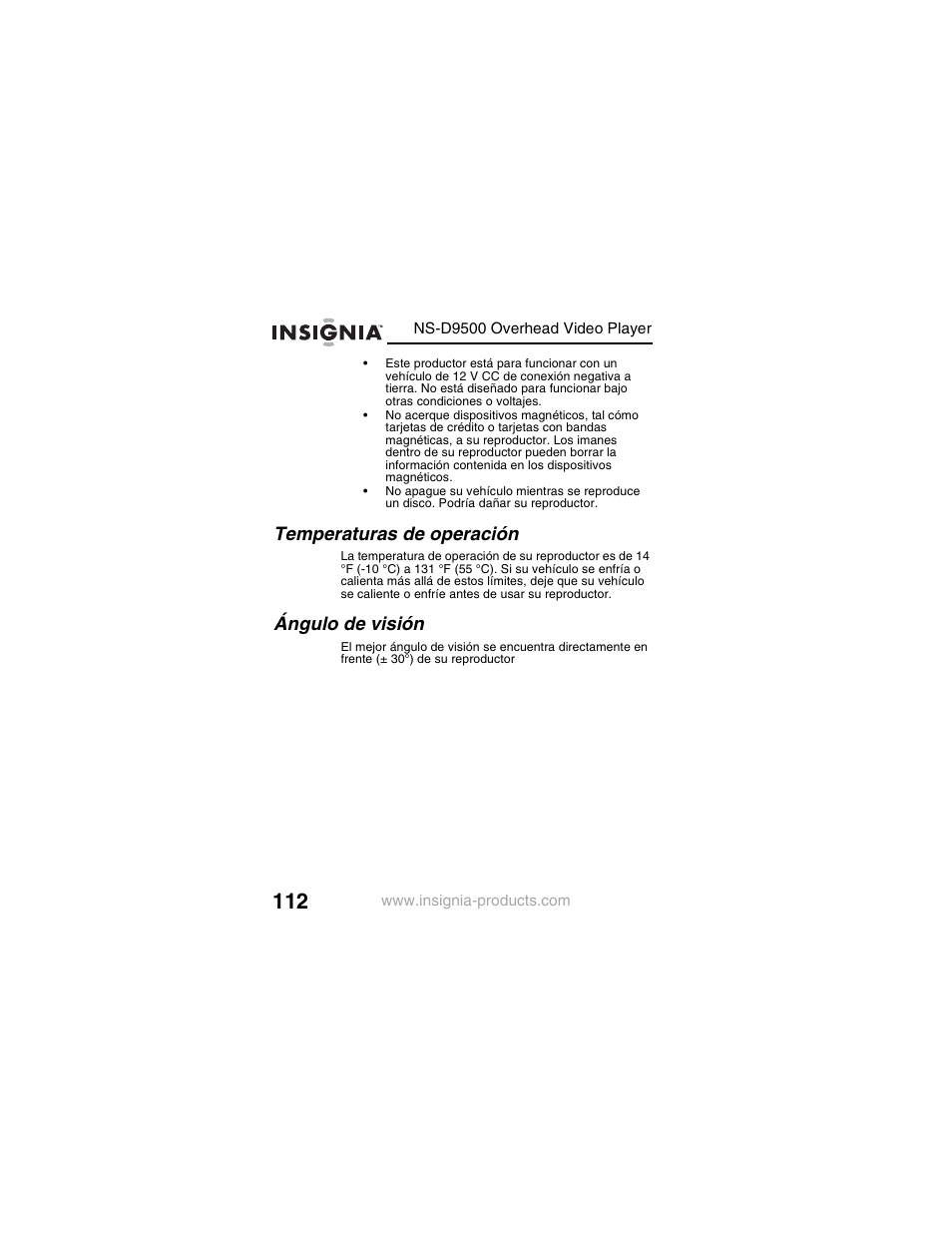 Temperaturas de operación, Ángulo de visión | Insignia NS-D9500 User Manual | Page 114 / 168