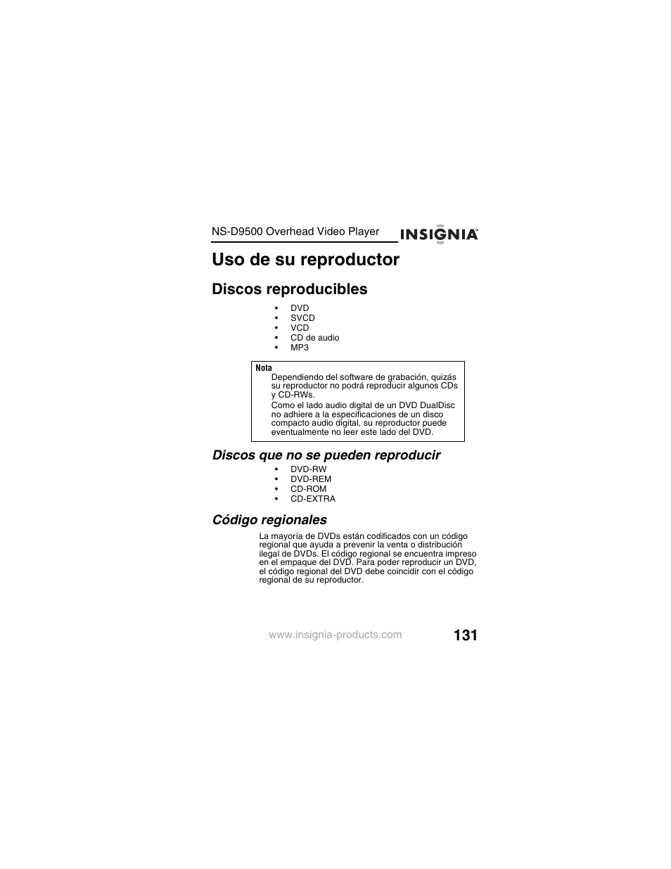 Uso de su reproductor, Discos reproducibles, Discos que no se pueden reproducir | Código regionales | Insignia NS-D9500 User Manual | Page 133 / 168