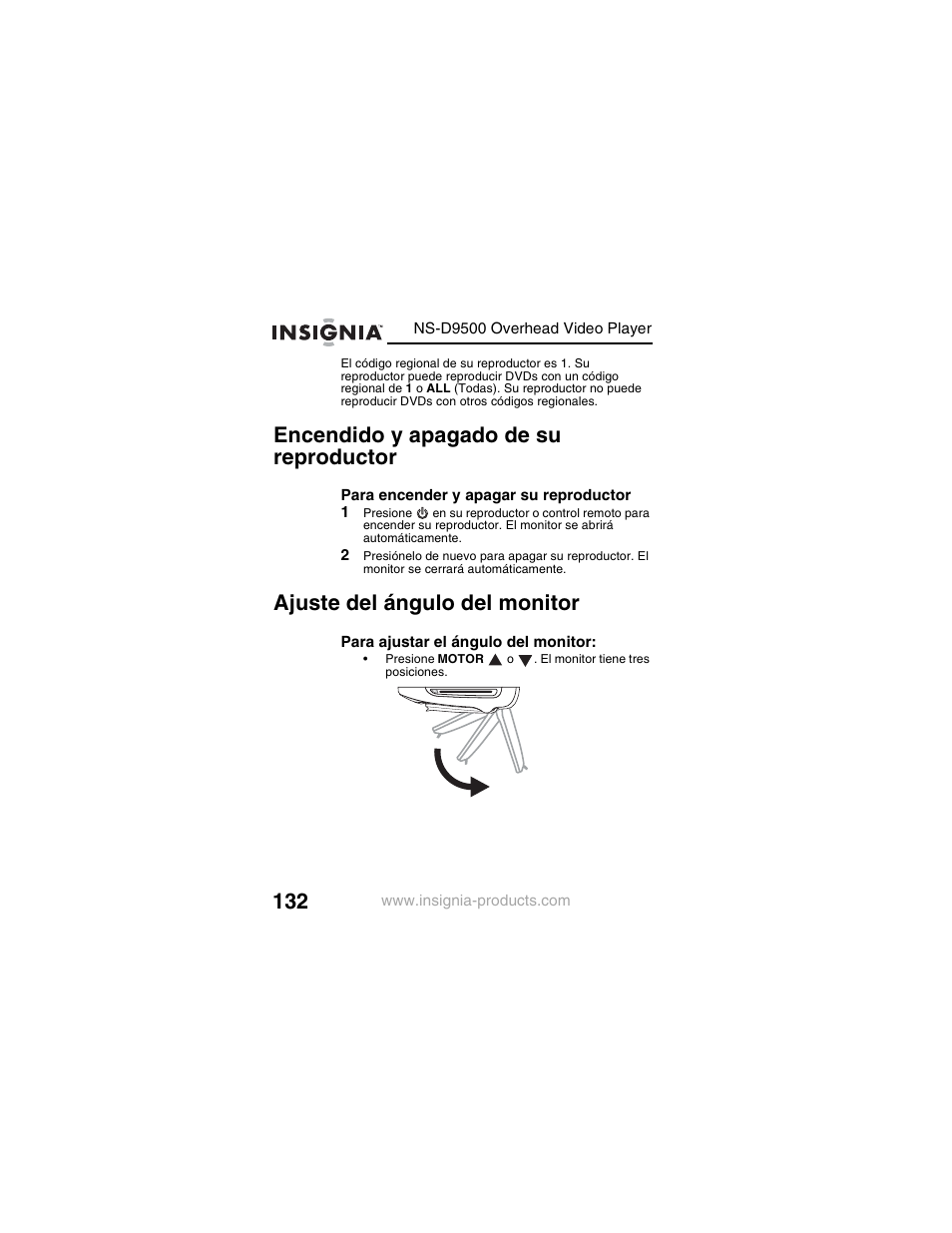 Encendido y apagado de su reproductor, Ajuste del ángulo del monitor | Insignia NS-D9500 User Manual | Page 134 / 168