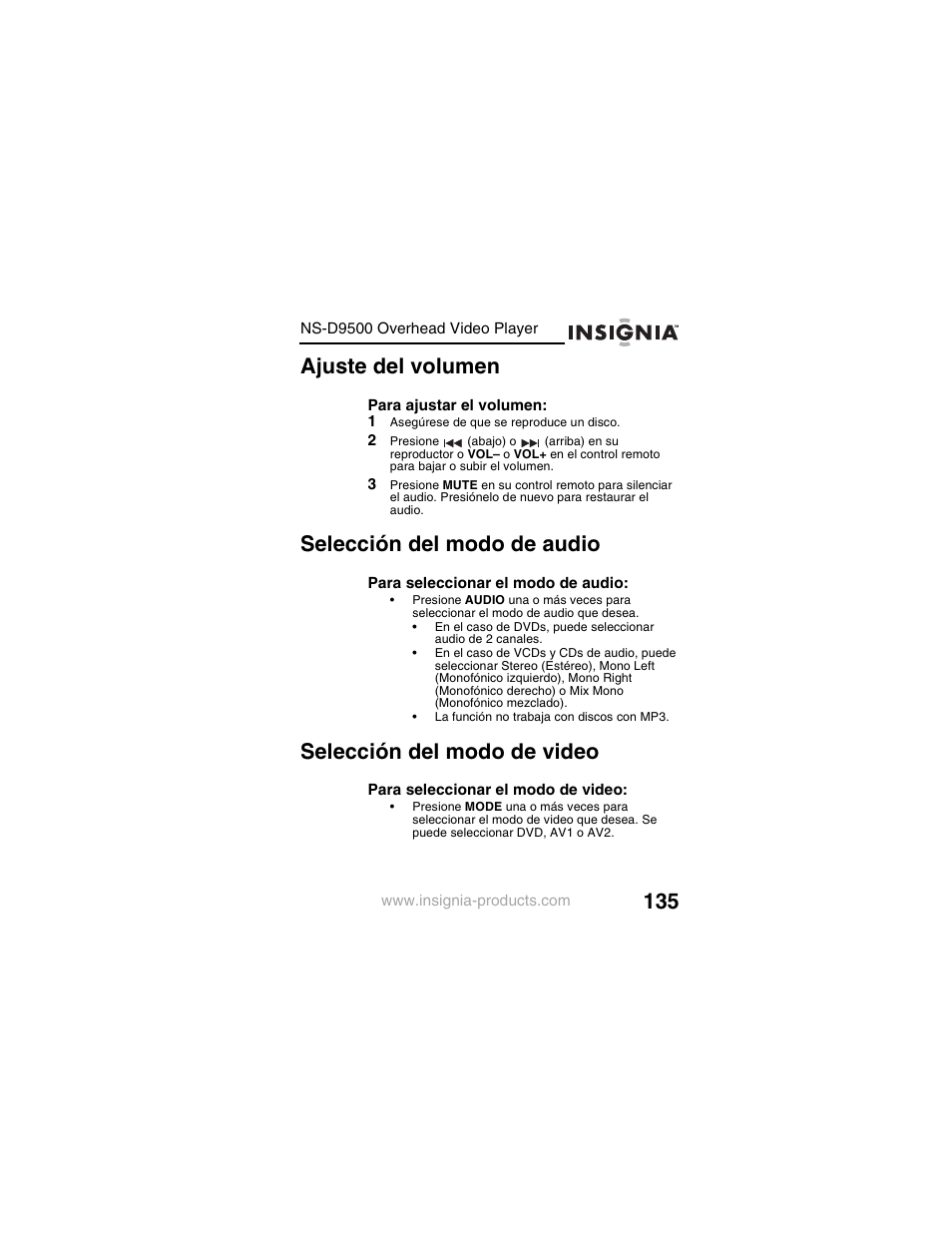 Ajuste del volumen, Selección del modo de audio, Selección del modo de video | Insignia NS-D9500 User Manual | Page 137 / 168