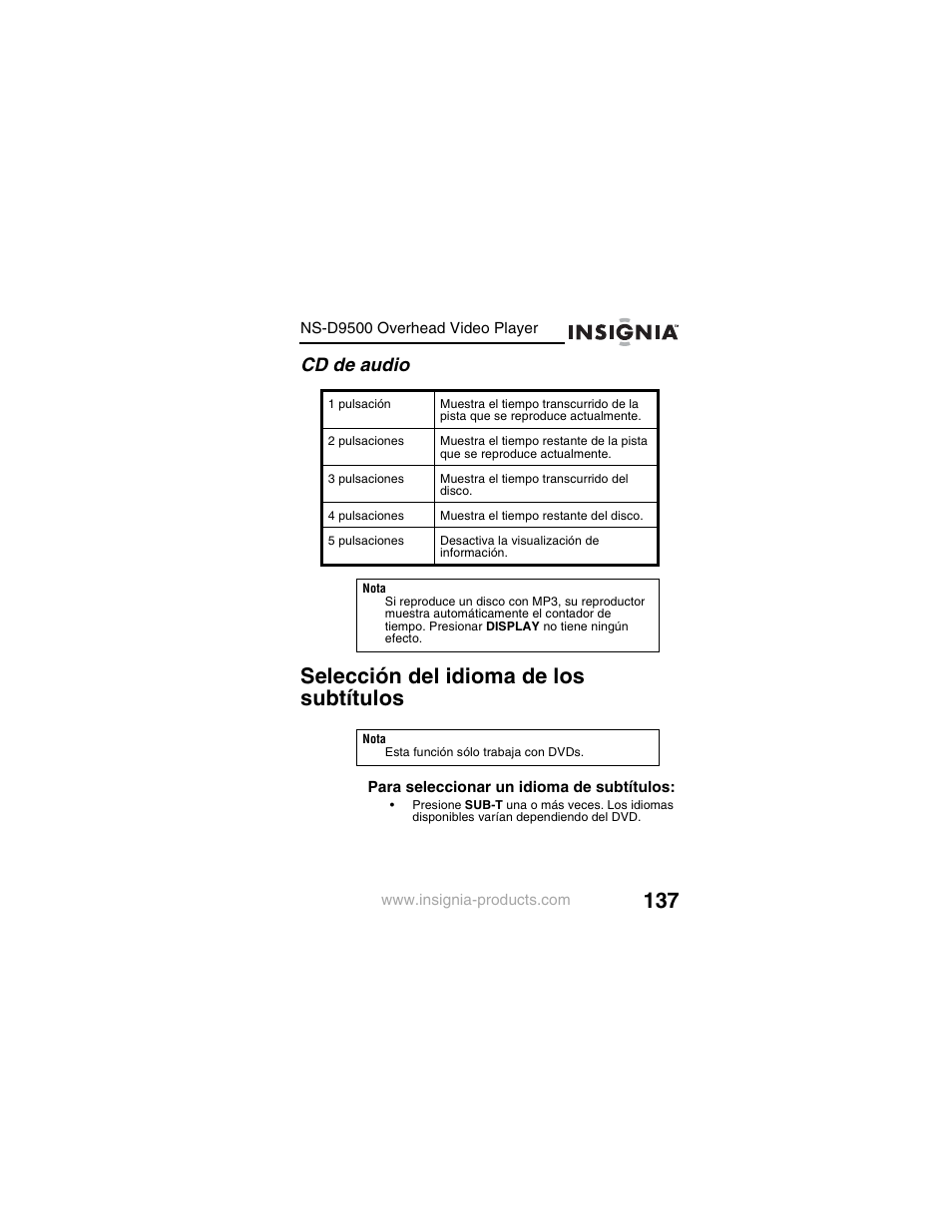 Selección del idioma de los subtítulos, Cd de audio | Insignia NS-D9500 User Manual | Page 139 / 168