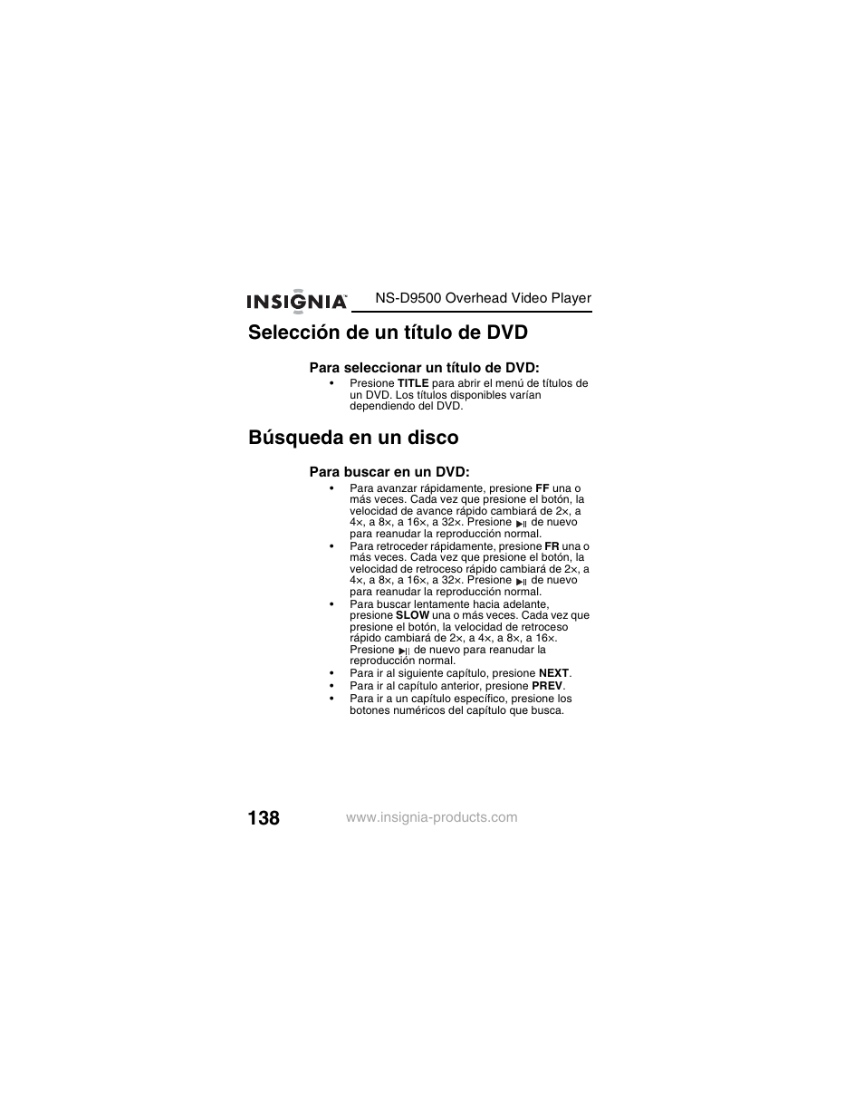 Selección de un título de dvd, Búsqueda en un disco | Insignia NS-D9500 User Manual | Page 140 / 168