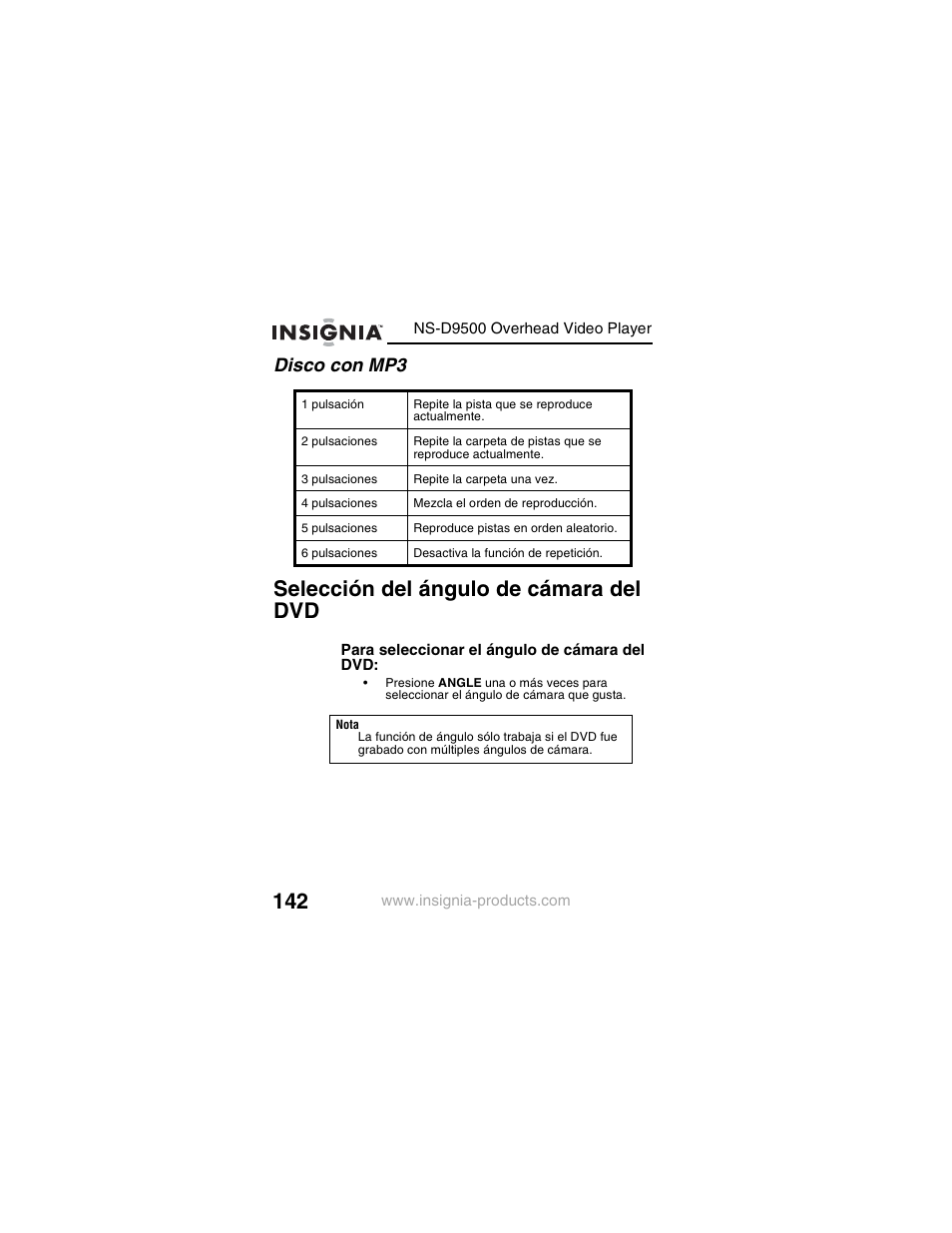 Selección del ángulo de cámara del dvd, Disco con mp3 | Insignia NS-D9500 User Manual | Page 144 / 168