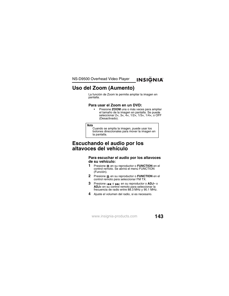 Uso del zoom (aumento), Escuchando el audio por los altavoces del vehículo | Insignia NS-D9500 User Manual | Page 145 / 168