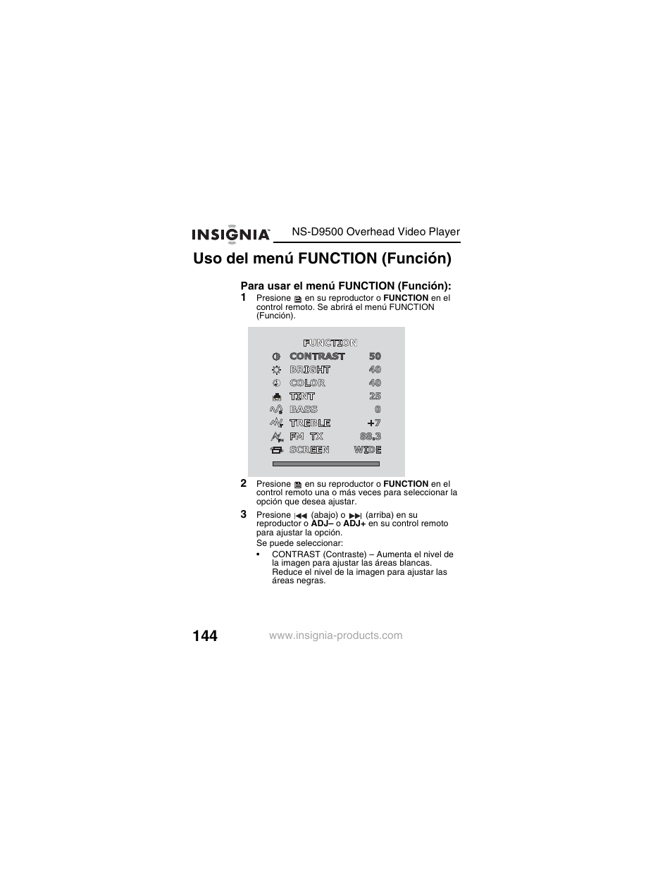 Uso del menú function (función) | Insignia NS-D9500 User Manual | Page 146 / 168