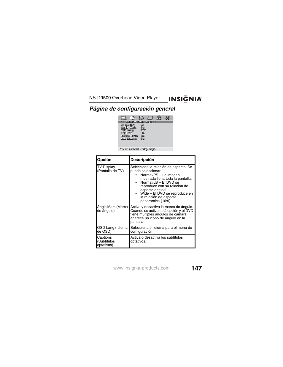 Página de configuración general | Insignia NS-D9500 User Manual | Page 149 / 168