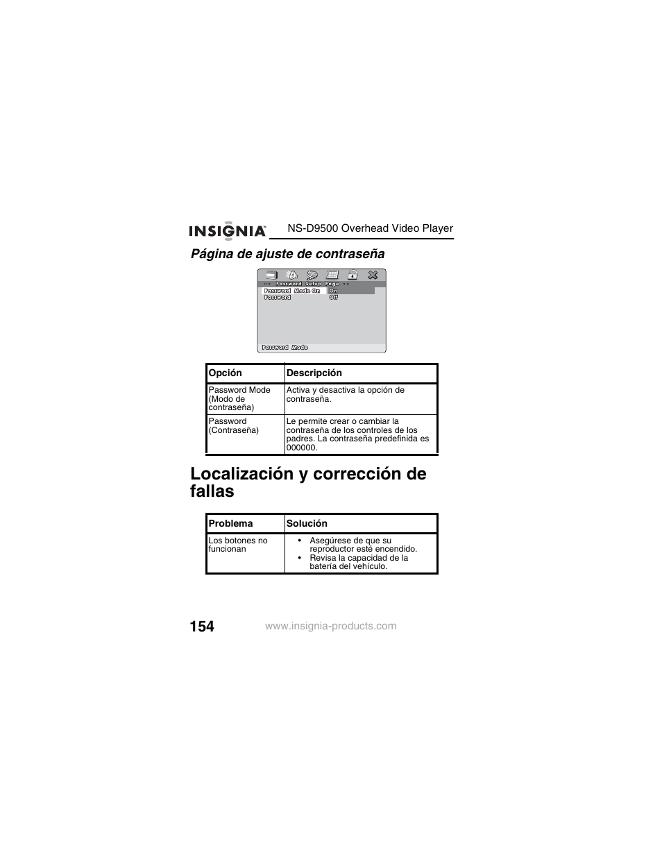 Localización y corrección de fallas, Página de ajuste de contraseña | Insignia NS-D9500 User Manual | Page 156 / 168