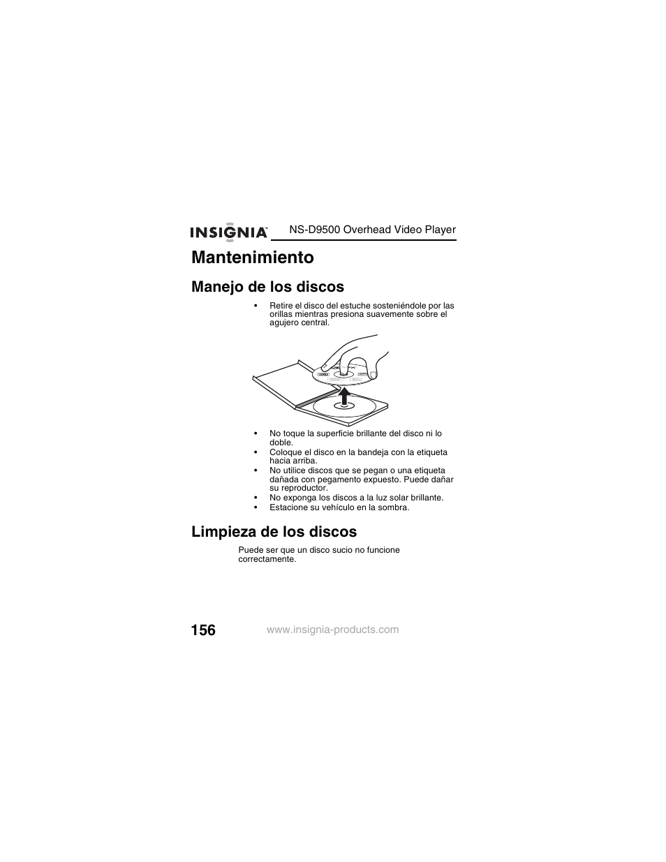 Mantenimiento, Manejo de los discos, Limpieza de los discos | Insignia NS-D9500 User Manual | Page 158 / 168