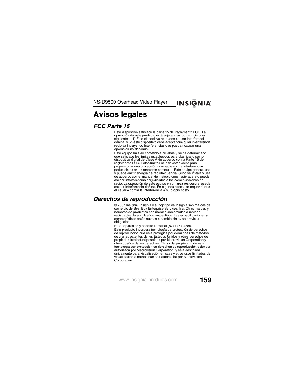 Avisos legales | Insignia NS-D9500 User Manual | Page 161 / 168