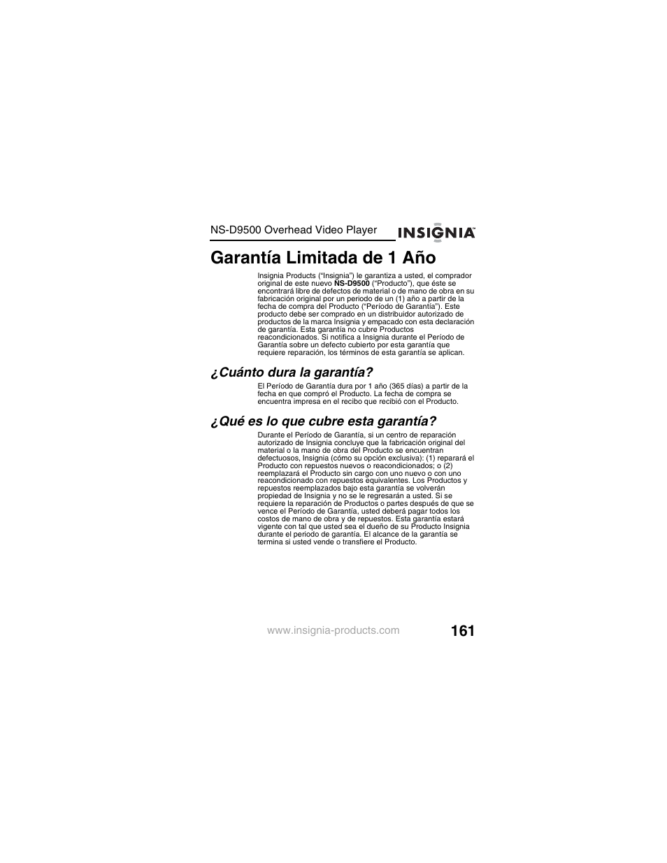 Garantía limitada de 1 año | Insignia NS-D9500 User Manual | Page 163 / 168