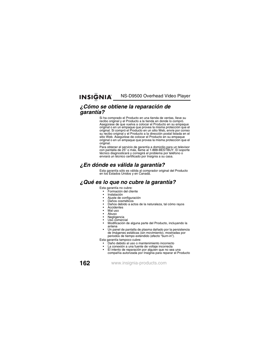 Cómo se obtiene la reparación de garantía, En dónde es válida la garantía, Qué es lo que no cubre la garantía | Insignia NS-D9500 User Manual | Page 164 / 168