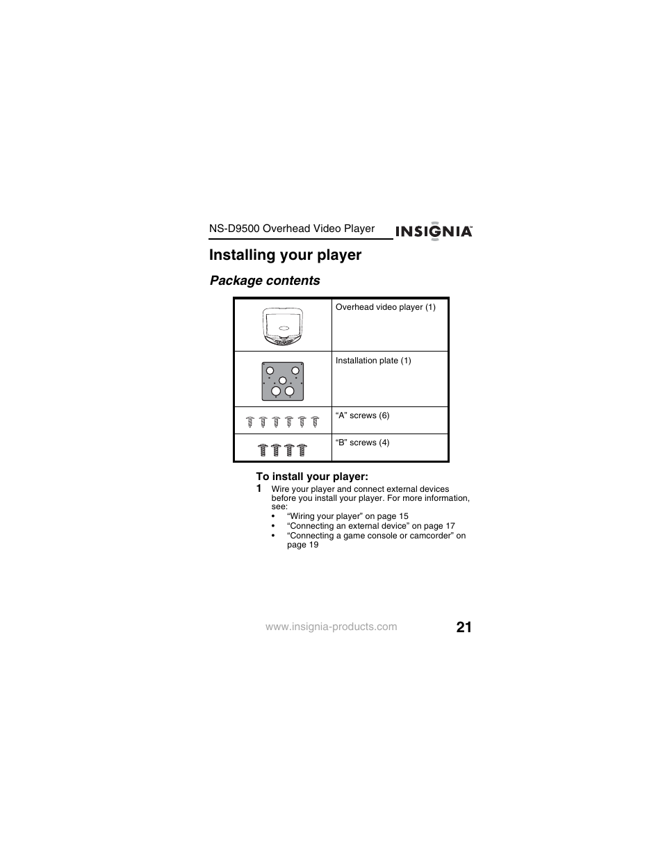 Installing your player, Package contents | Insignia NS-D9500 User Manual | Page 23 / 168