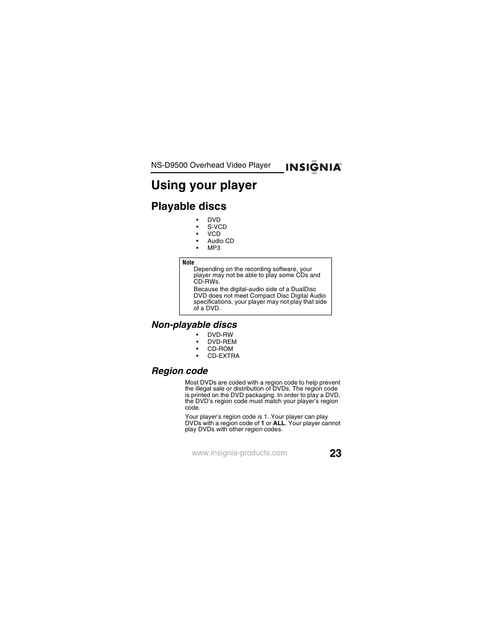 Using your player, Playable discs, Non-playable discs | Region code | Insignia NS-D9500 User Manual | Page 25 / 168