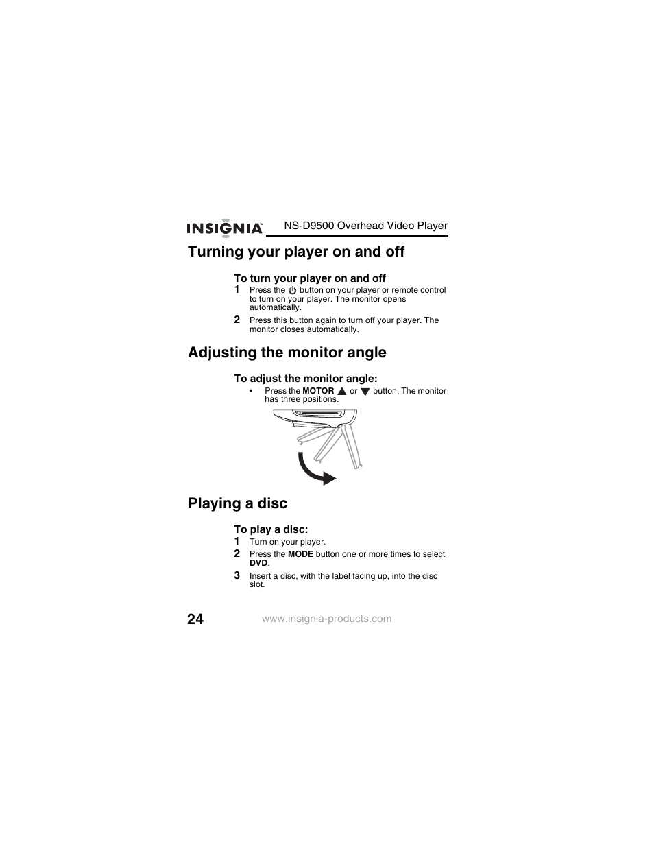 Turning your player on and off, Adjusting the monitor angle, Playing a disc | Insignia NS-D9500 User Manual | Page 26 / 168