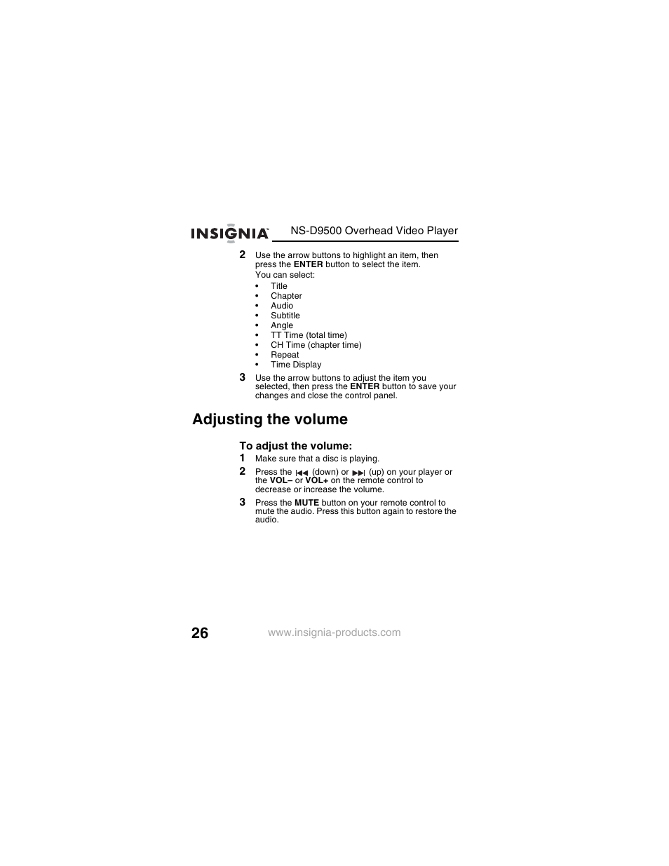 Adjusting the volume | Insignia NS-D9500 User Manual | Page 28 / 168