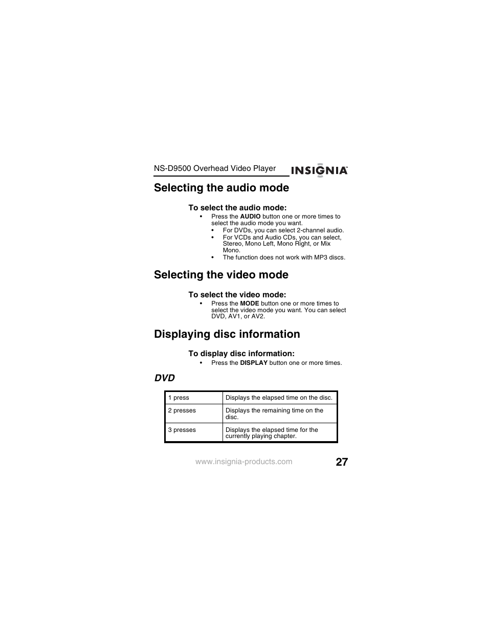 Selecting the audio mode, Selecting the video mode, Displaying disc information | Insignia NS-D9500 User Manual | Page 29 / 168