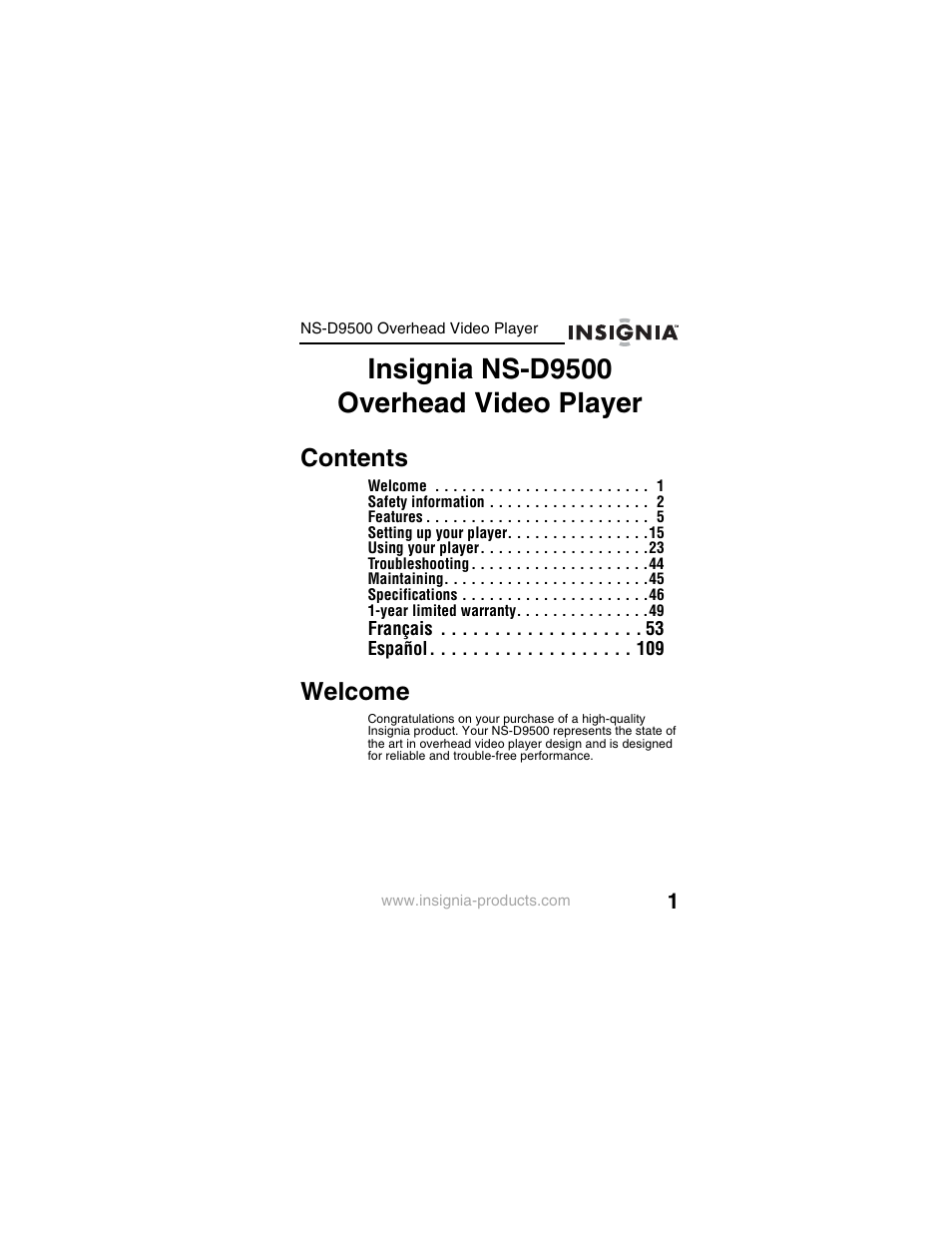 Insignia NS-D9500 User Manual | Page 3 / 168