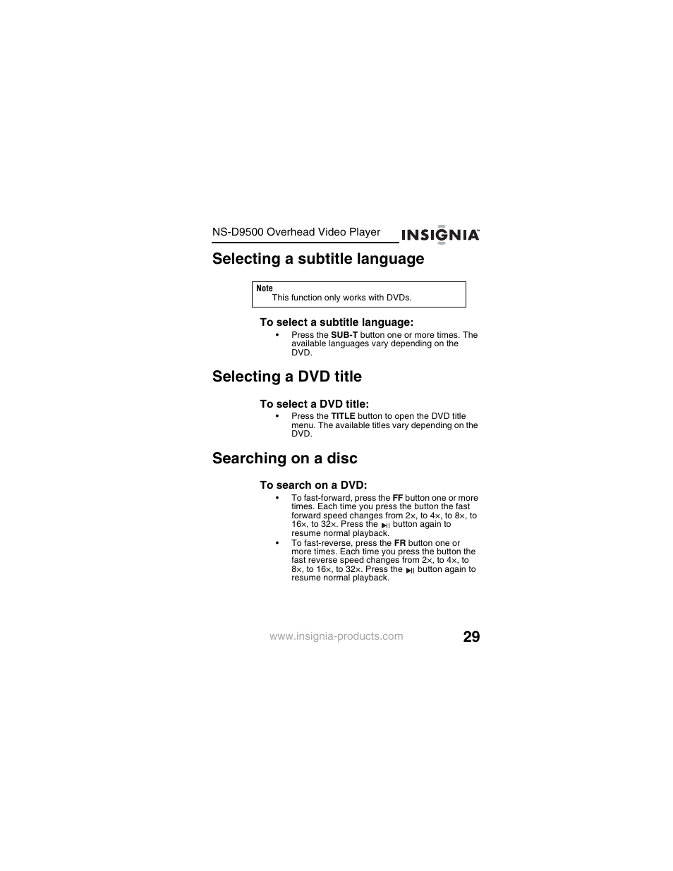 Selecting a subtitle language, Selecting a dvd title, Searching on a disc | Insignia NS-D9500 User Manual | Page 31 / 168