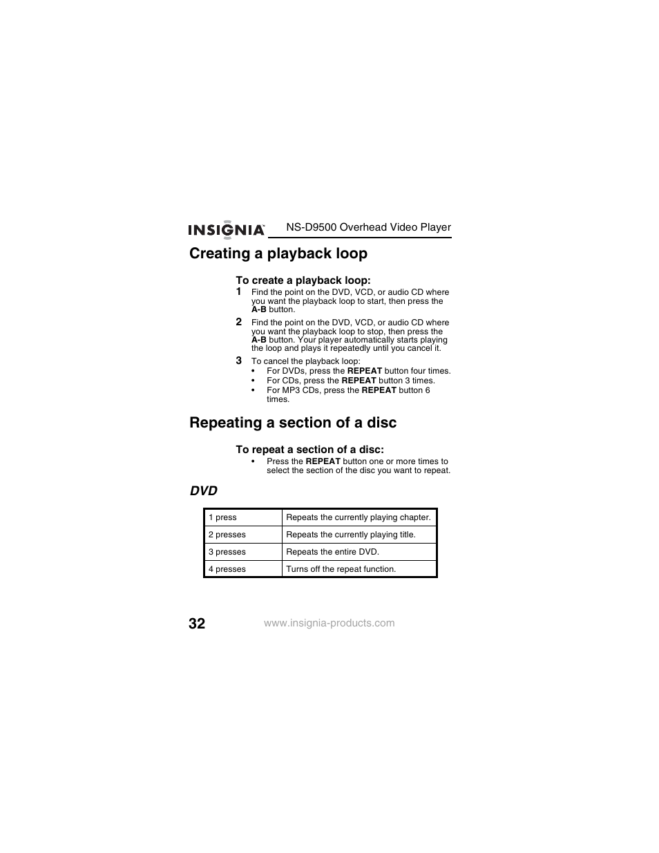 Creating a playback loop | Insignia NS-D9500 User Manual | Page 34 / 168