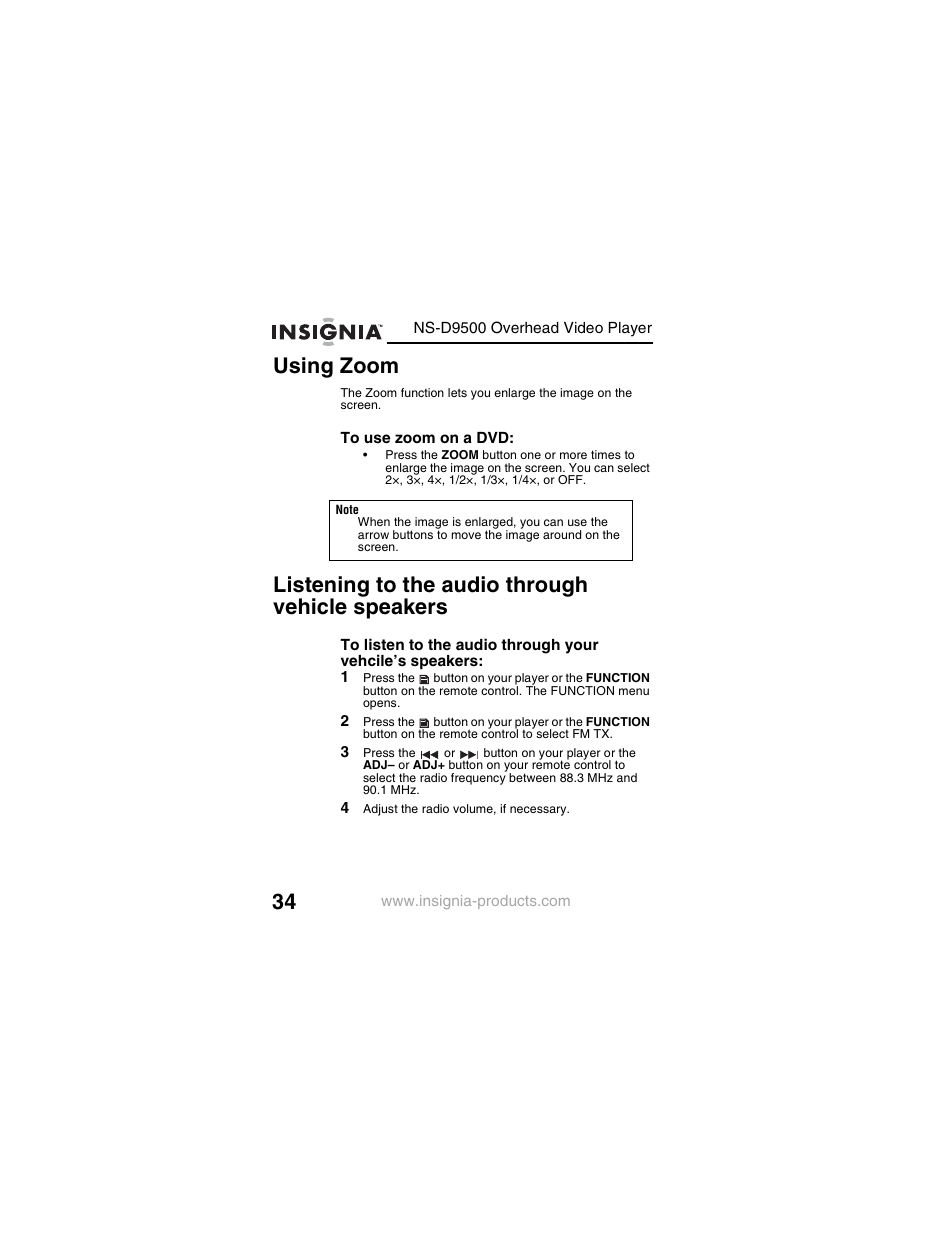 Using zoom, Listening to the audio through vehicle speakers | Insignia NS-D9500 User Manual | Page 36 / 168