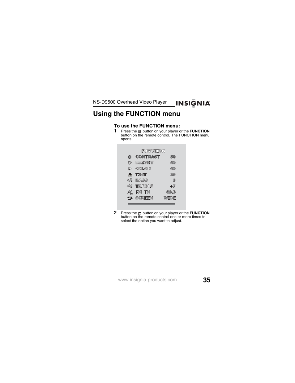 Using the function menu | Insignia NS-D9500 User Manual | Page 37 / 168