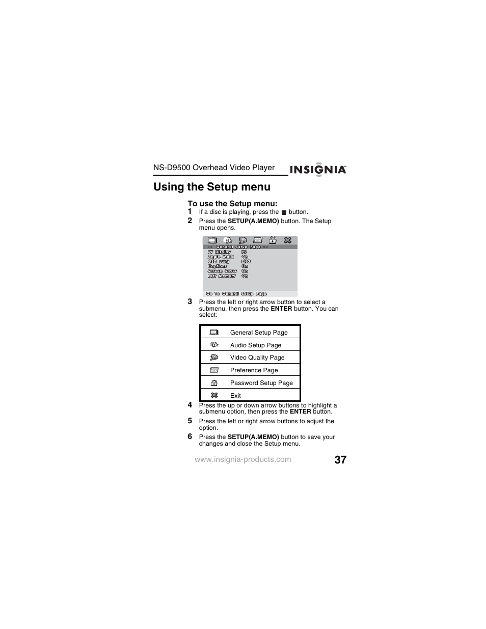 Using the setup menu | Insignia NS-D9500 User Manual | Page 39 / 168