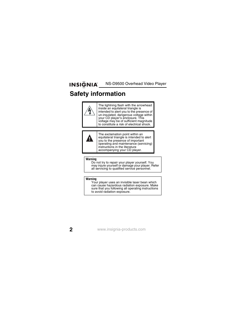 Safety information | Insignia NS-D9500 User Manual | Page 4 / 168