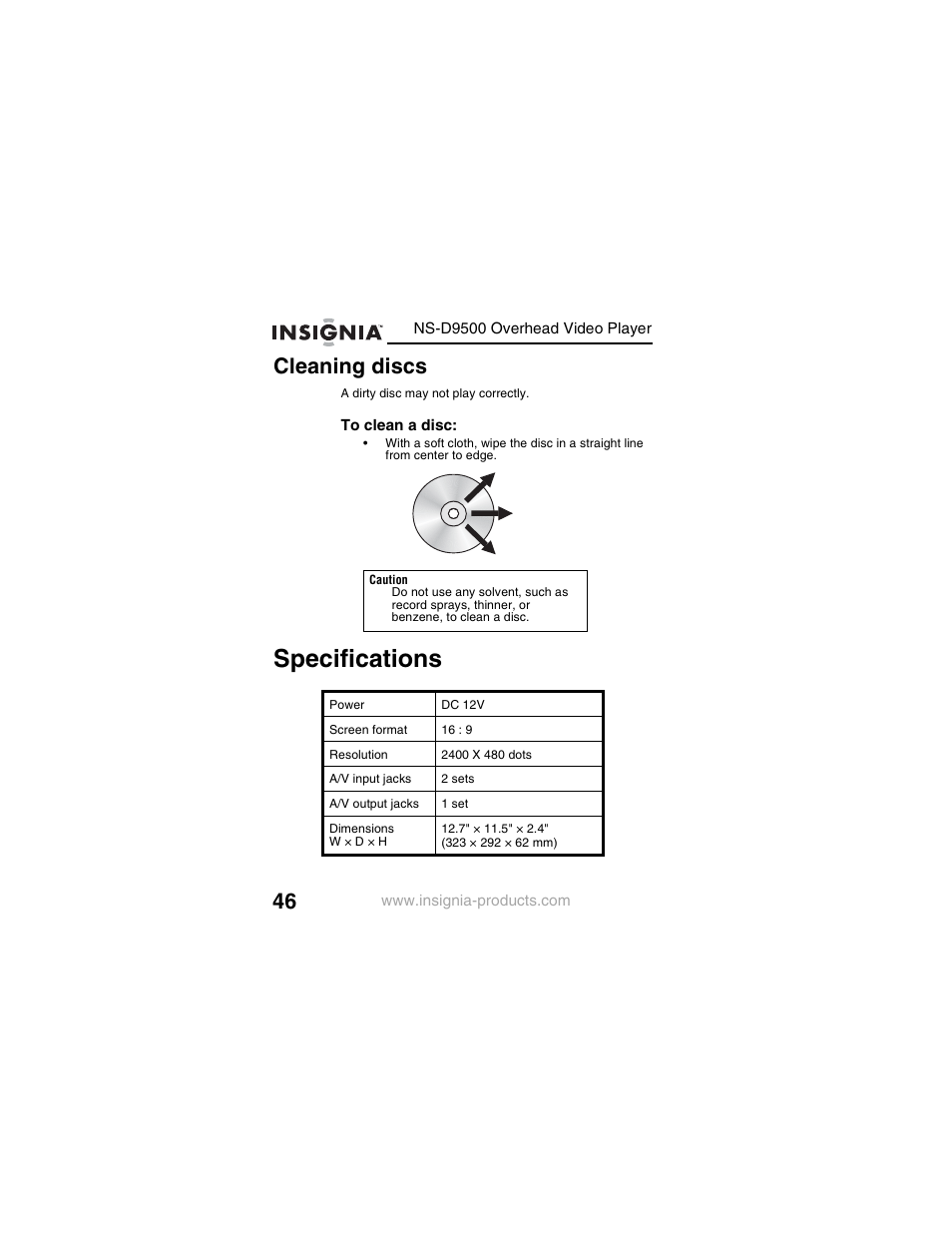 Specifications, Cleaning discs | Insignia NS-D9500 User Manual | Page 48 / 168