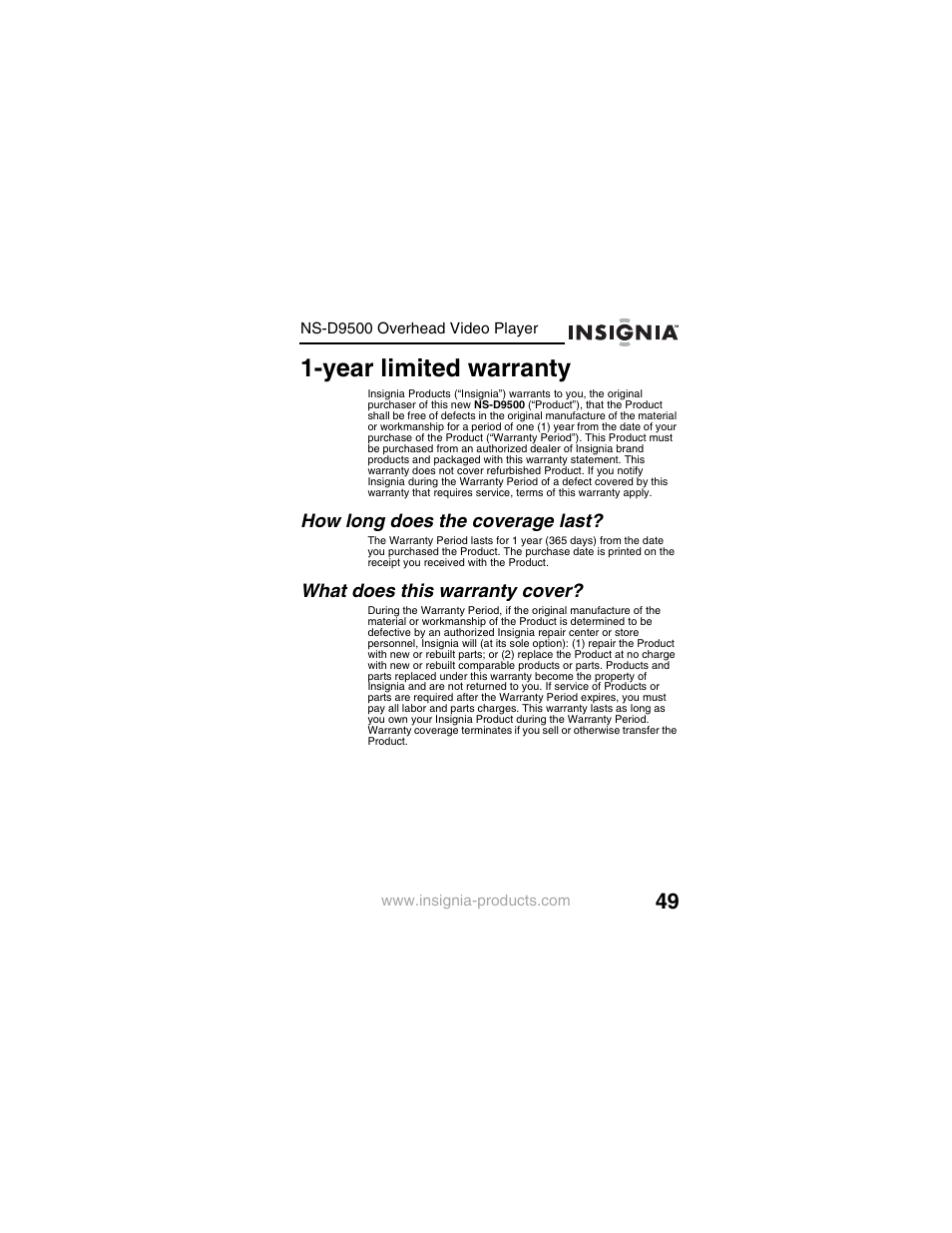 Year limited warranty | Insignia NS-D9500 User Manual | Page 51 / 168