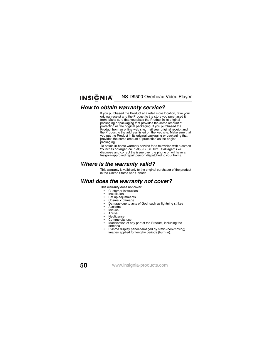 How to obtain warranty service, Where is the warranty valid, What does the warranty not cover | Insignia NS-D9500 User Manual | Page 52 / 168