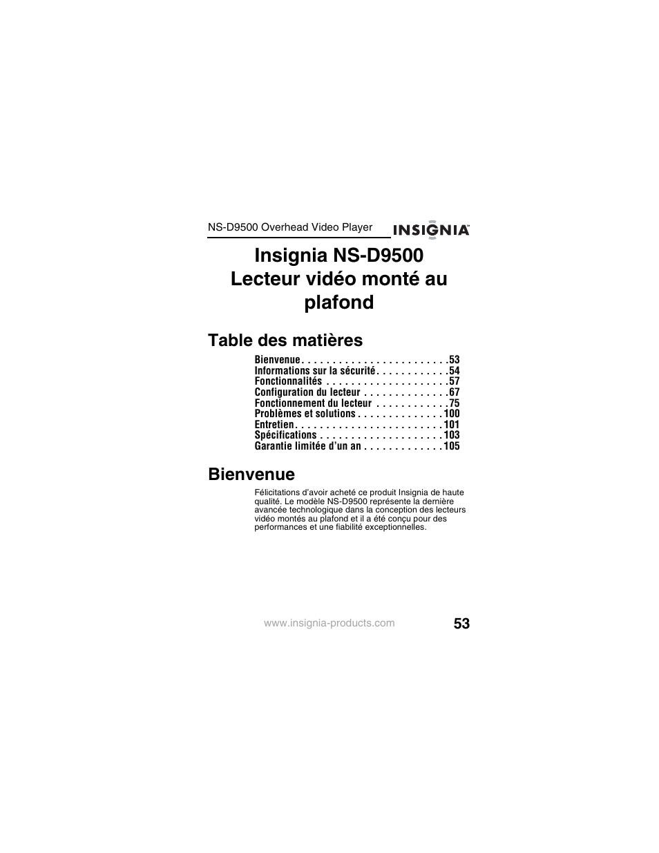 Insignia ns-d9500 lecteur vidéo monté au plafond | Insignia NS-D9500 User Manual | Page 55 / 168