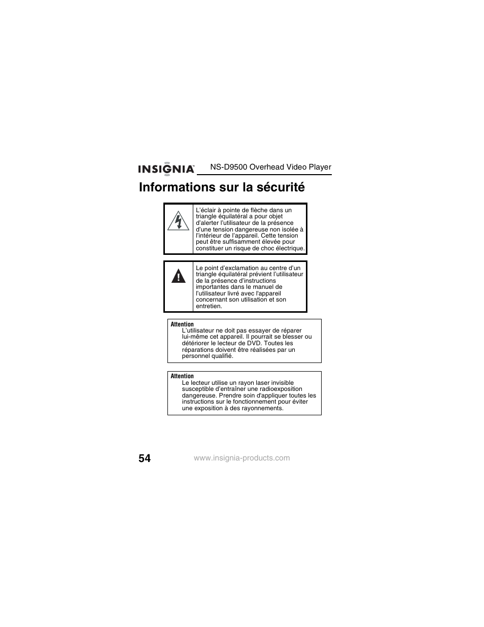 Informations sur la sécurité | Insignia NS-D9500 User Manual | Page 56 / 168