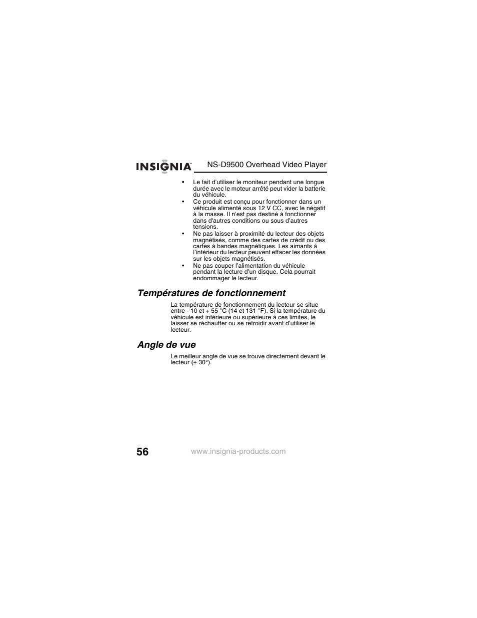 Températures de fonctionnement, Angle de vue | Insignia NS-D9500 User Manual | Page 58 / 168