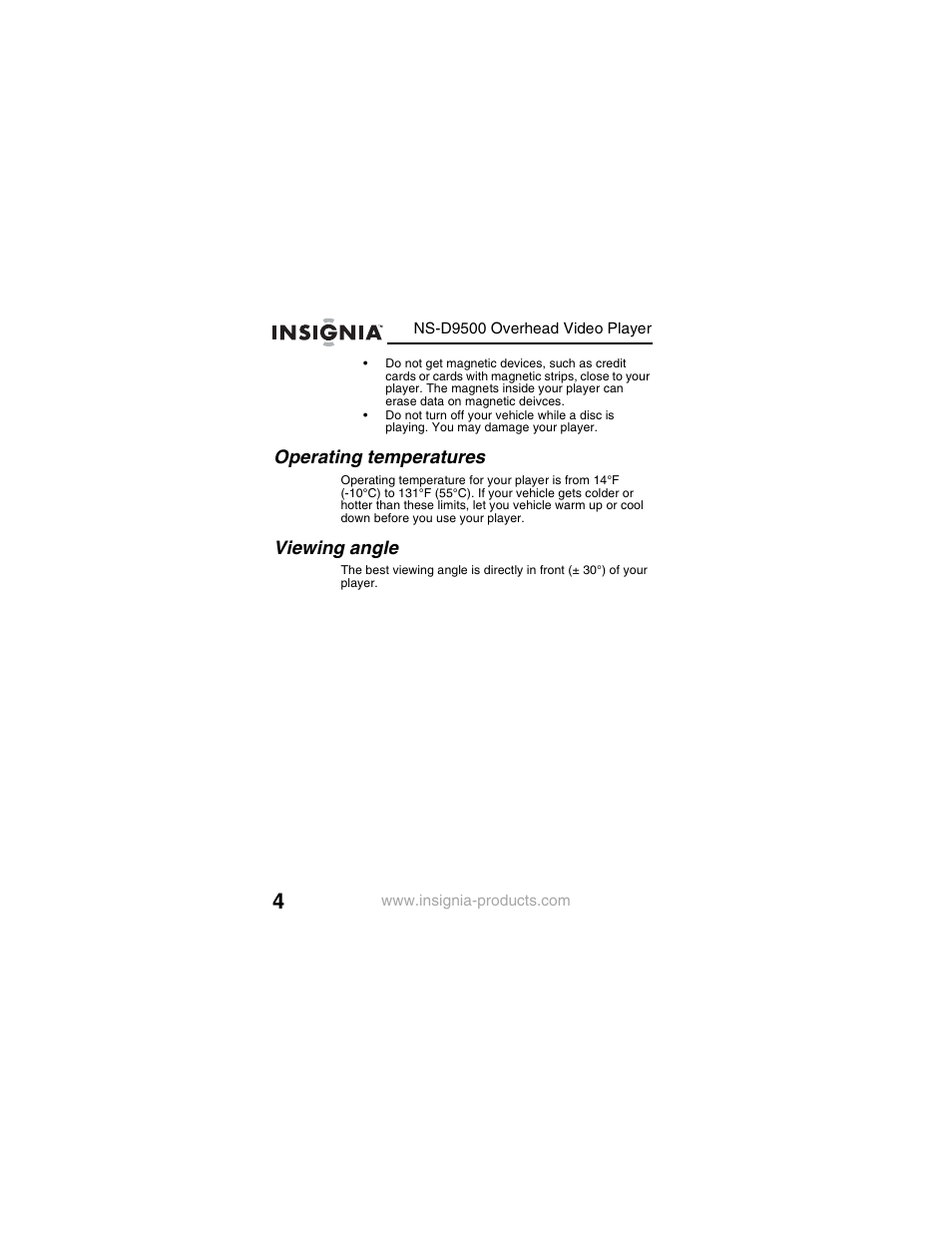 Operating temperatures, Viewing angle | Insignia NS-D9500 User Manual | Page 6 / 168