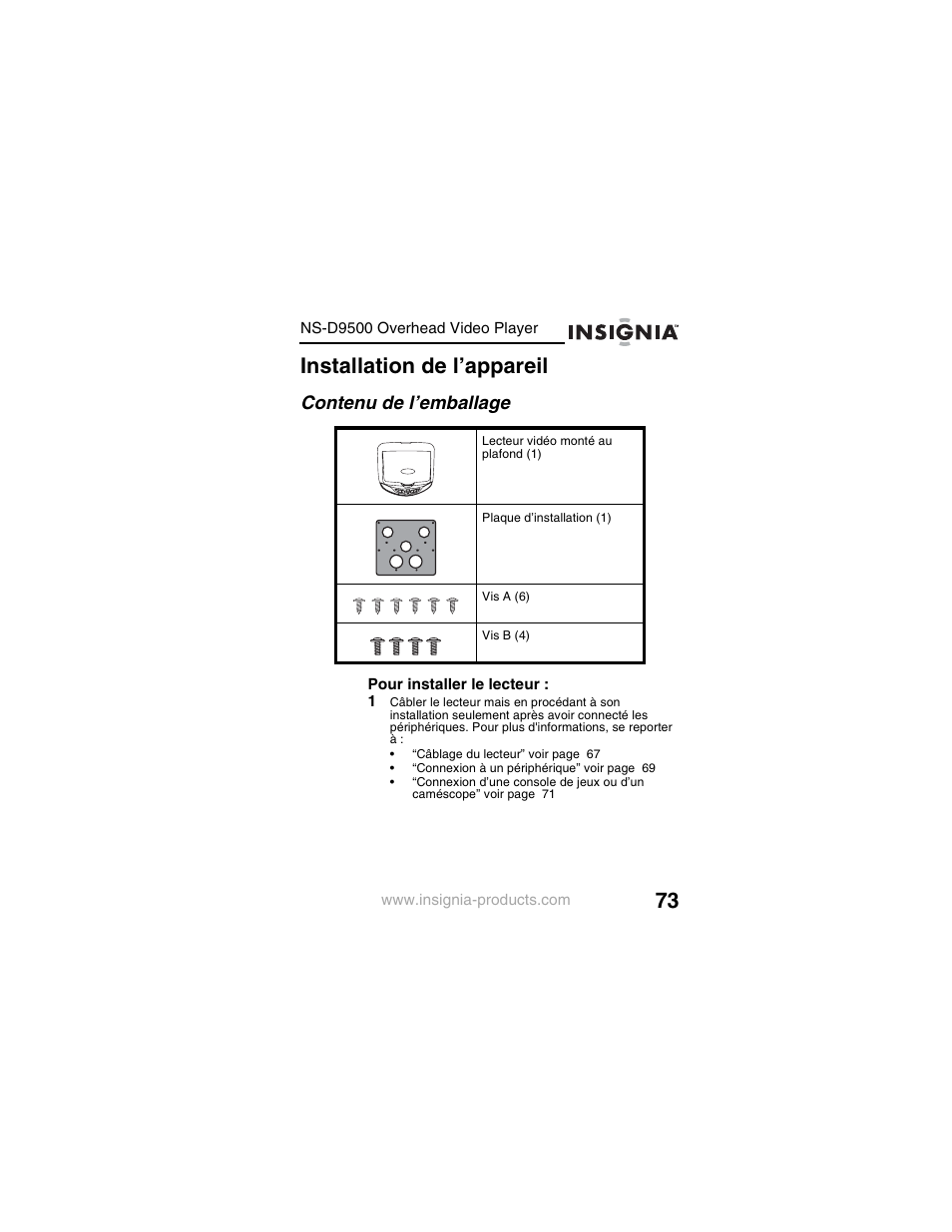 Installation de l’appareil, Contenu de l’emballage | Insignia NS-D9500 User Manual | Page 75 / 168