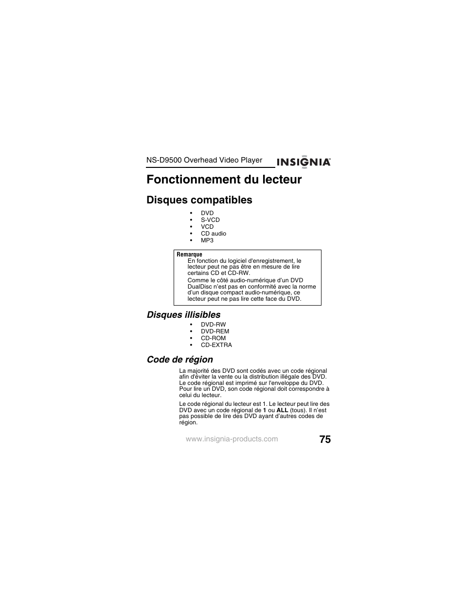 Fonctionnement du lecteur, Disques compatibles, Disques illisibles | Code de région | Insignia NS-D9500 User Manual | Page 77 / 168