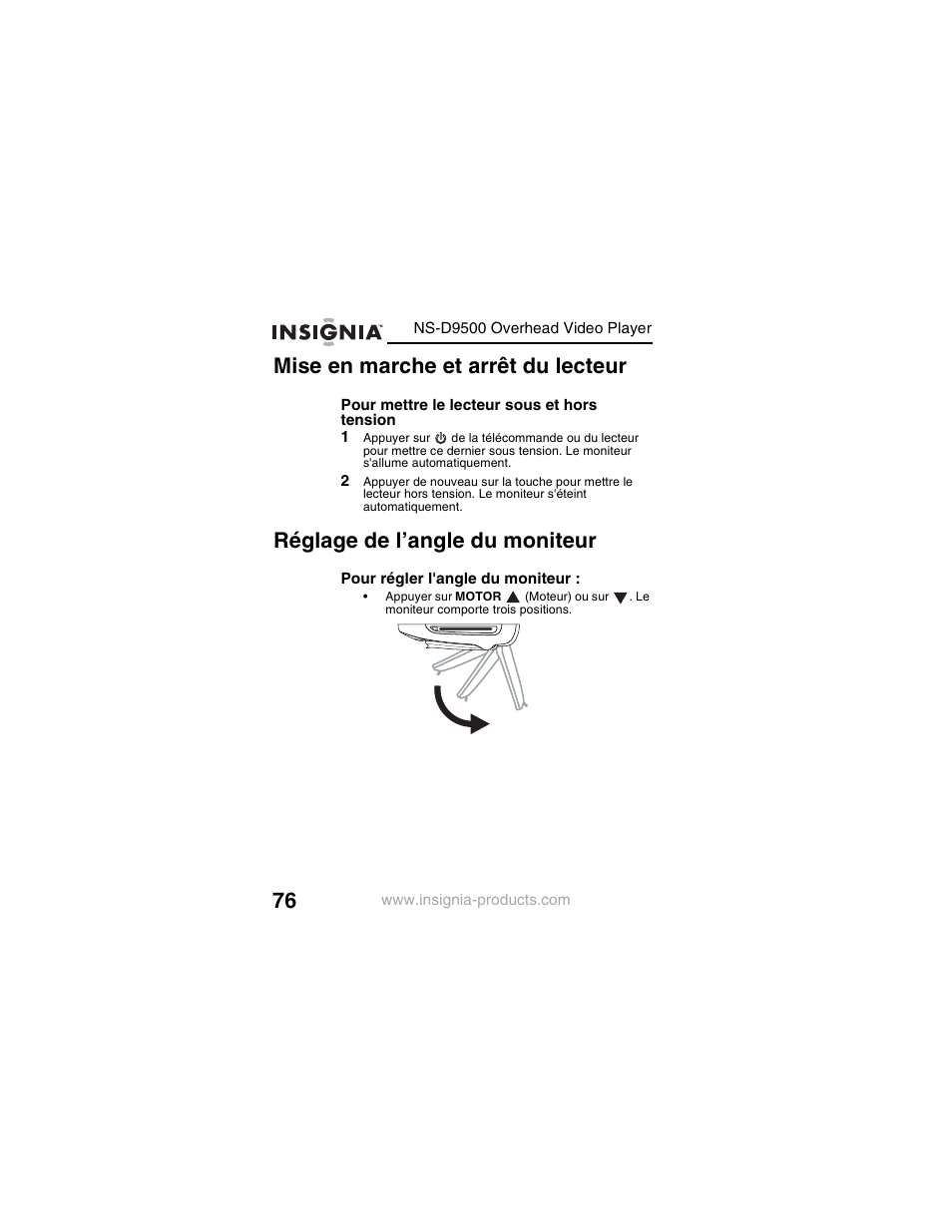 Mise en marche et arrêt du lecteur, Réglage de l’angle du moniteur | Insignia NS-D9500 User Manual | Page 78 / 168