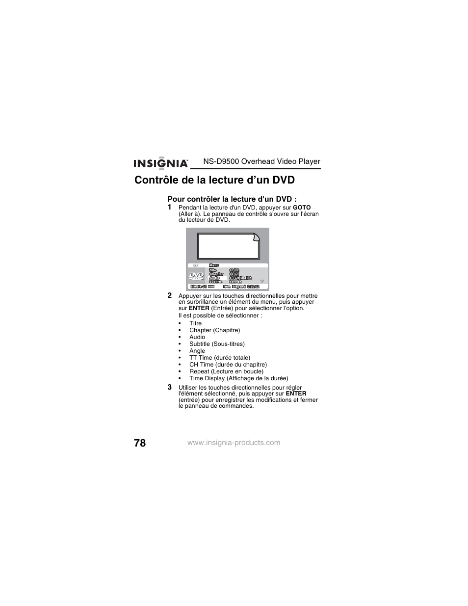 Contrôle de la lecture d’un dvd | Insignia NS-D9500 User Manual | Page 80 / 168