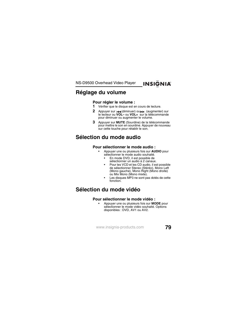 Réglage du volume, Sélection du mode audio, Sélection du mode vidéo | Insignia NS-D9500 User Manual | Page 81 / 168