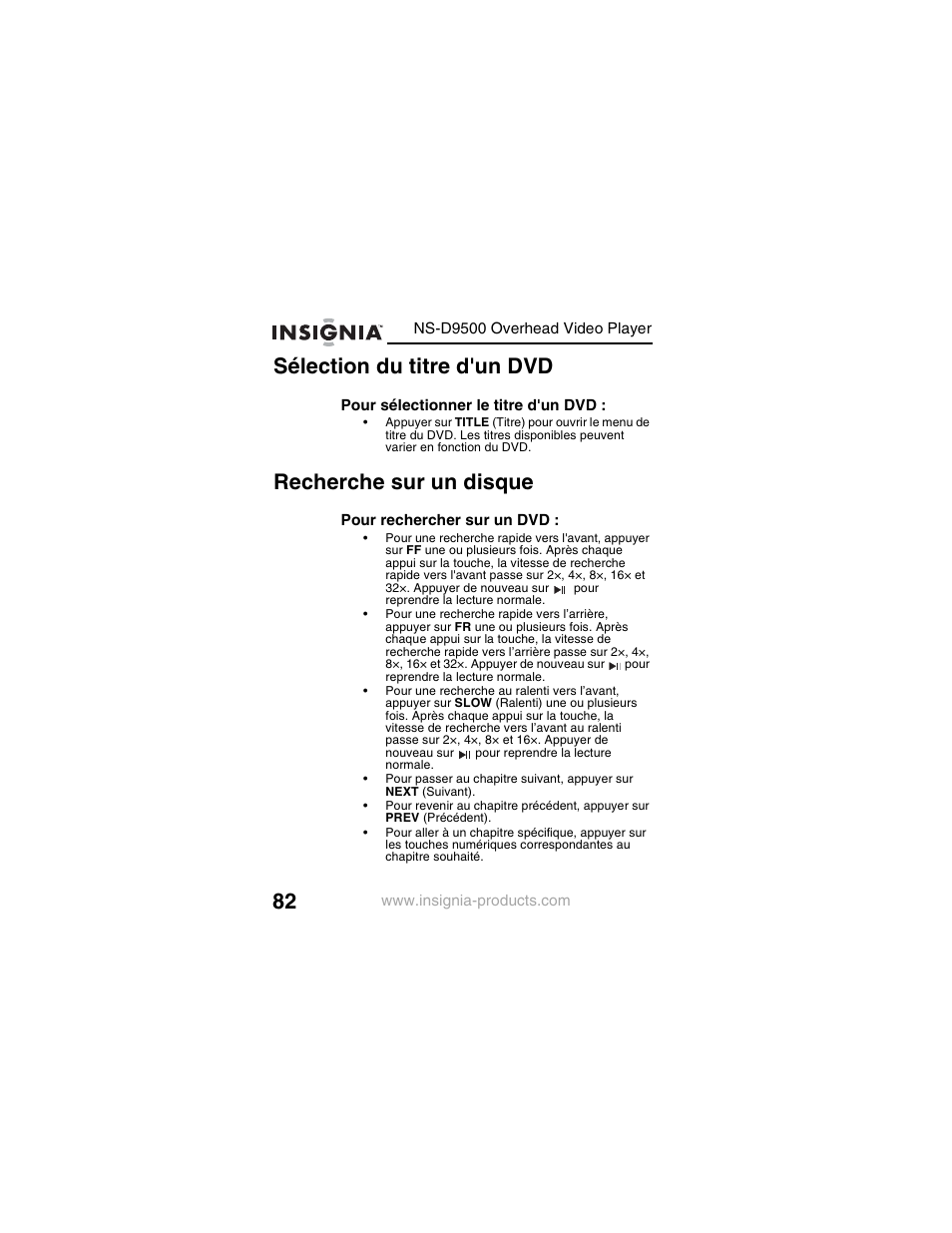 Sélection du titre d'un dvd, Recherche sur un disque | Insignia NS-D9500 User Manual | Page 84 / 168