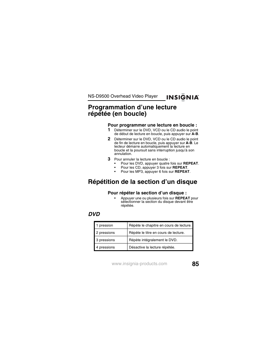 Programmation d’une lecture répétée (en boucle) | Insignia NS-D9500 User Manual | Page 87 / 168