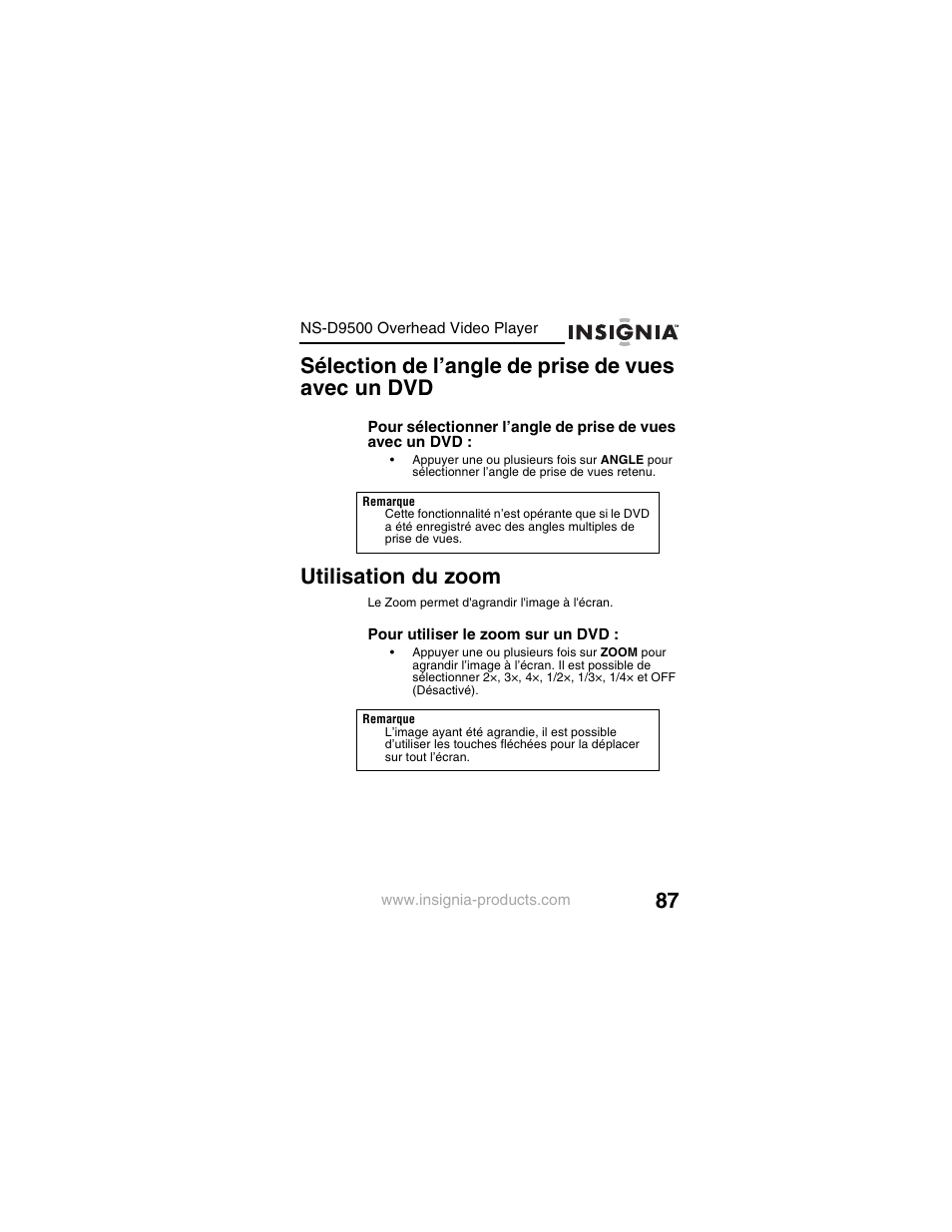 Sélection de l’angle de prise de vues avec un dvd, Utilisation du zoom | Insignia NS-D9500 User Manual | Page 89 / 168