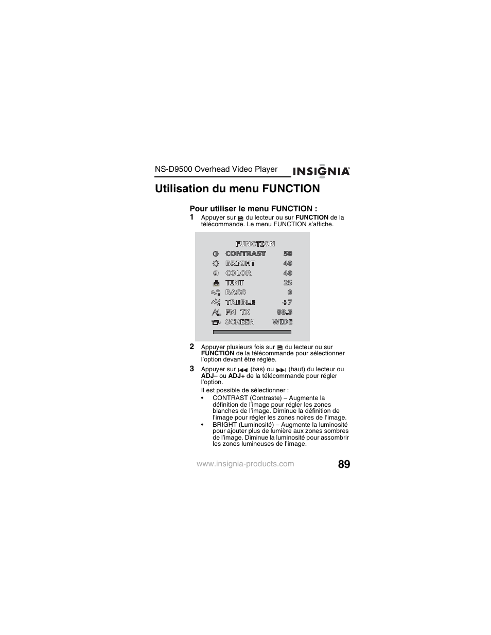 Utilisation du menu function | Insignia NS-D9500 User Manual | Page 91 / 168