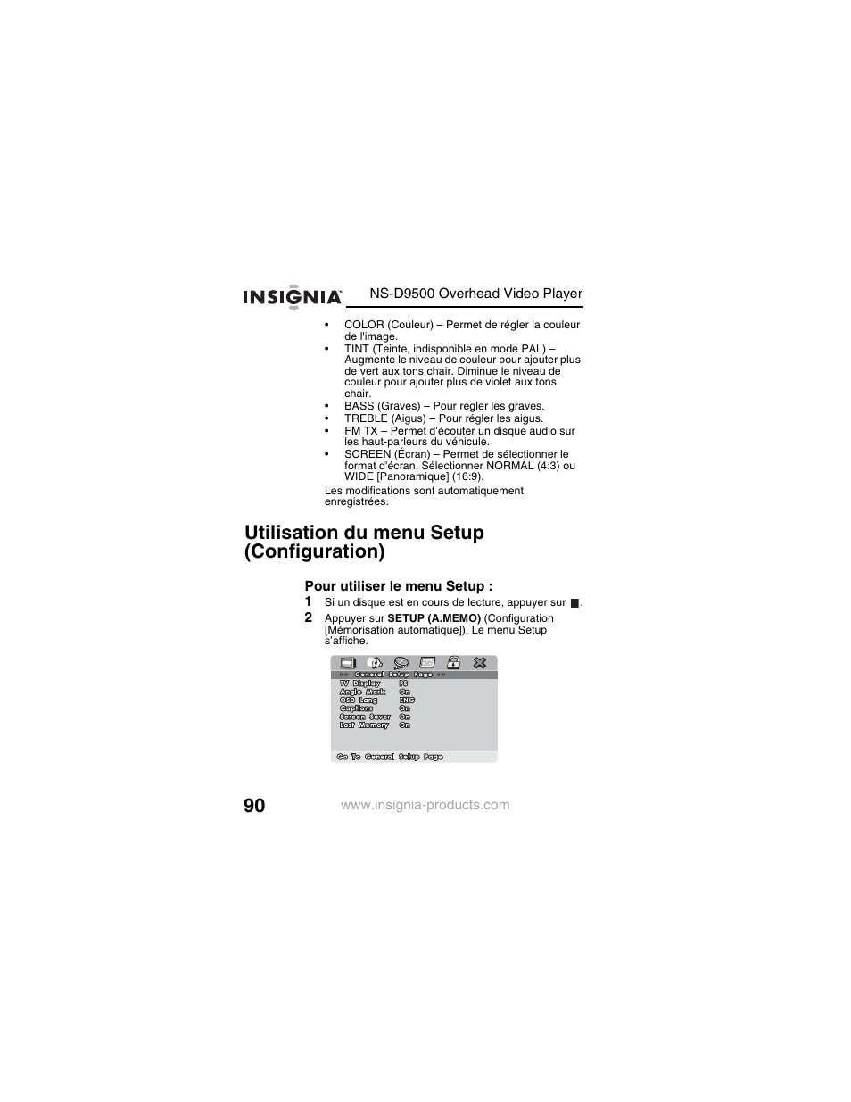 Utilisation du menu setup (configuration) | Insignia NS-D9500 User Manual | Page 92 / 168