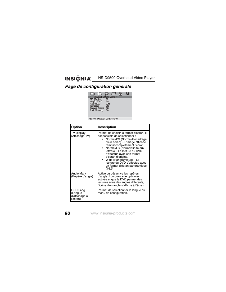 Page de configuration générale | Insignia NS-D9500 User Manual | Page 94 / 168