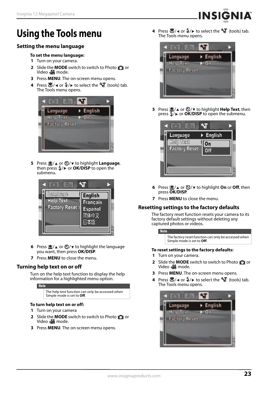 Using the tools menu, Setting the menu language, Turning help text on or off | Resetting settings to the factory defaults | Insignia NS-DSC1112SL-CN User Manual | Page 27 / 32