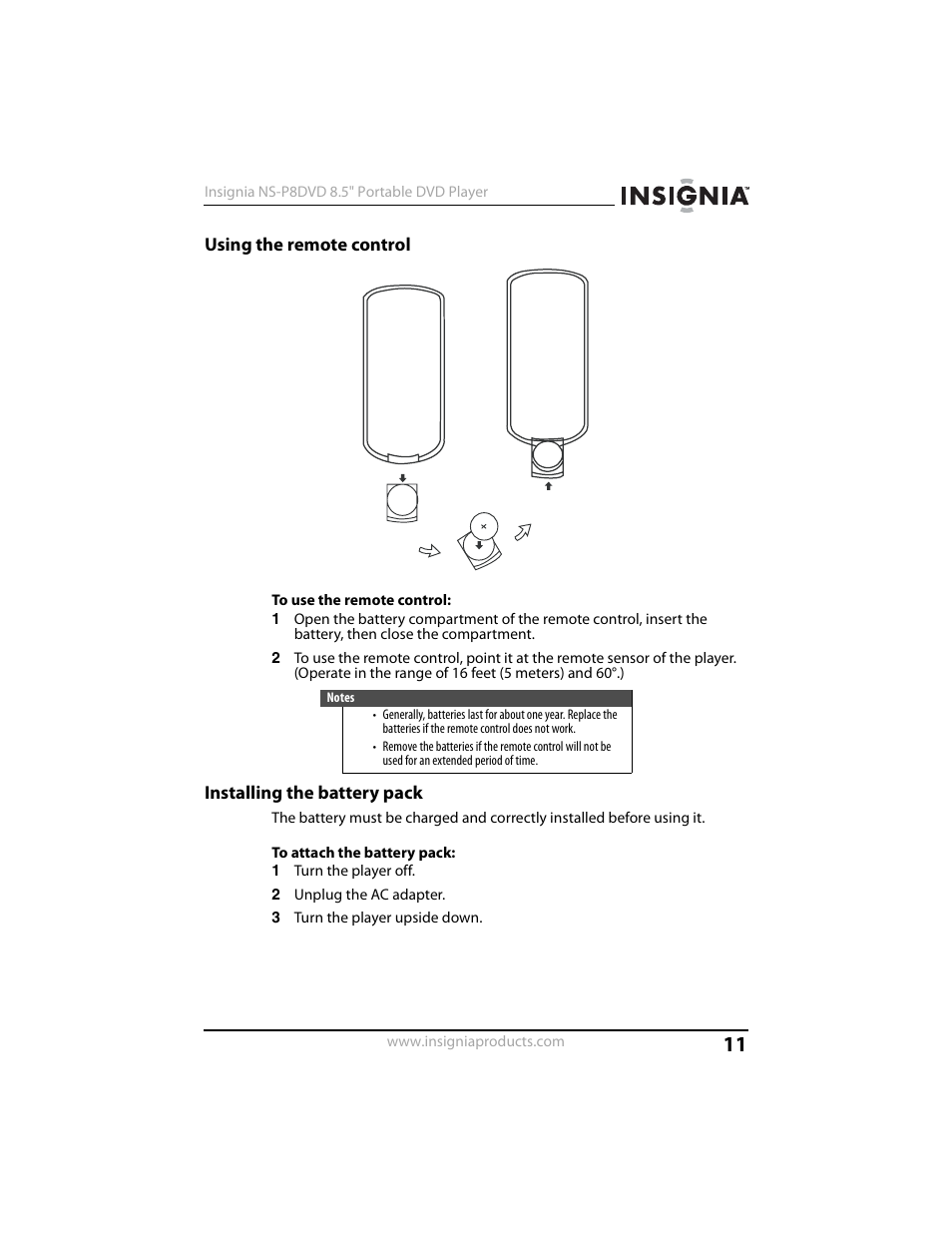 Using the remote control, Installing the battery pack | Insignia NS-P8DVD User Manual | Page 11 / 44